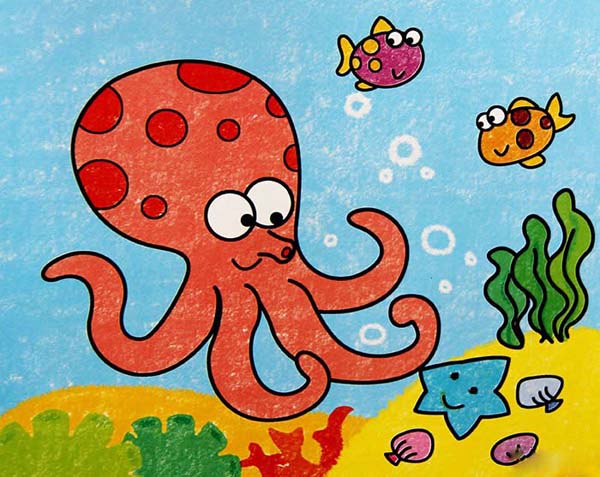幼儿海底世界可爱的章鱼油画作品欣赏-www.qqscb.com