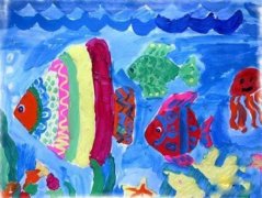 优秀的儿童水粉画作品＂漂亮海底世界鱼群＂