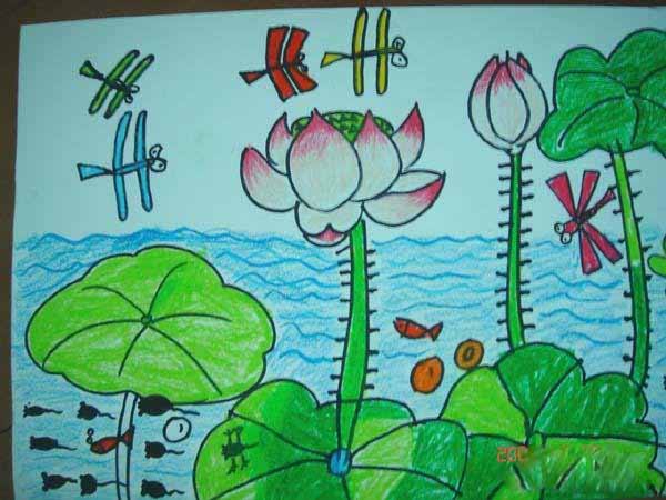 美丽的荷花夏天儿童美术绘画作品-www.qqscb.com