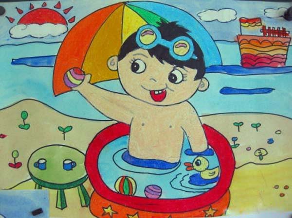 夏天海滩游泳儿童画图片大全-www.qqscb.com