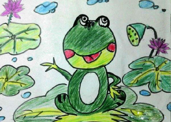 夏天儿童画作品图片：幼儿卡通小青蛙-www.qqscb.com
