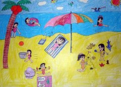 夏天海边沙滩玩耍儿童画作品图片