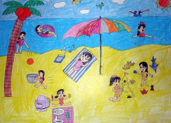 夏天海边沙滩玩耍儿童画作品图片-www.qqscb.com