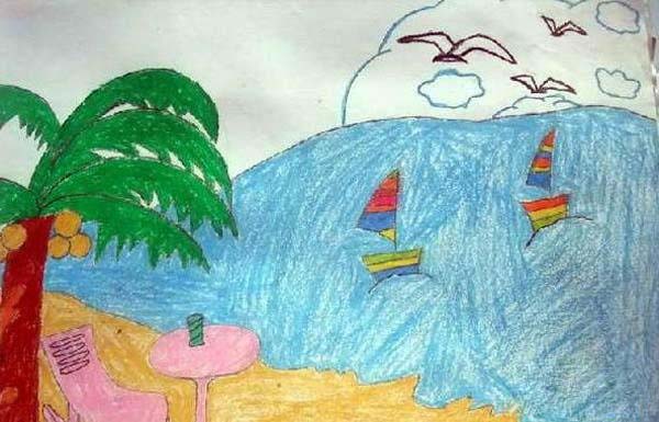 夏天海边沙滩风景儿童教师范画作品-www.qqscb.com