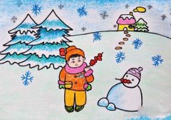 ＂冬天堆雪人＂小学获奖儿童蜡笔画作品