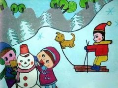 冬天一起滑雪场景儿童画作品图片