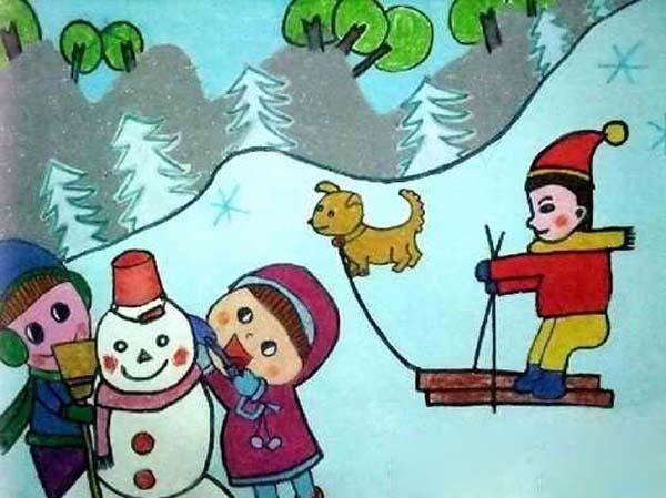 冬天一起滑雪场景儿童画作品图片-www.qqscb.com
