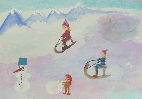 冬天玩雪人儿童画作品图片欣赏-www.qqscb.com