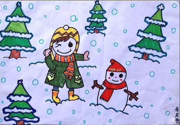 获奖的冬天可爱小雪人圣诞树儿童画作品-www.qqscb.com