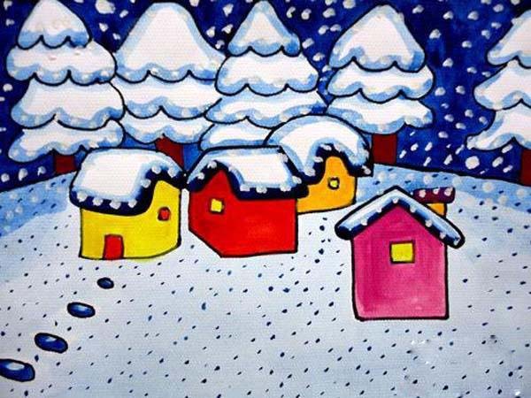 幼儿冬天下雪主题儿童画优秀作品-www.qqscb.com