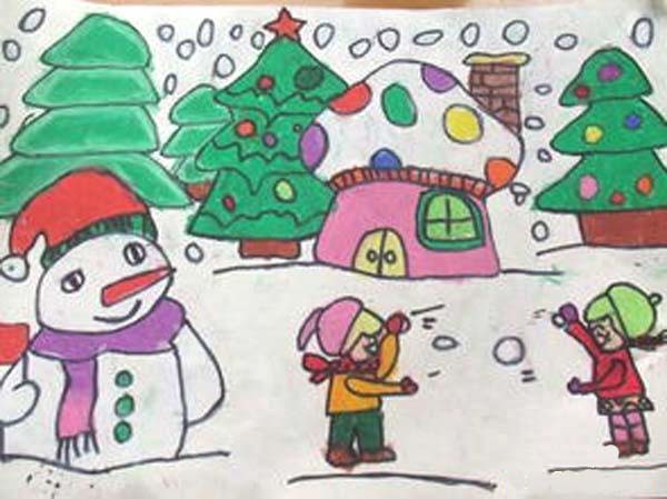 小学生冬天主题儿童画作品：打雪仗-www.qqscb.com