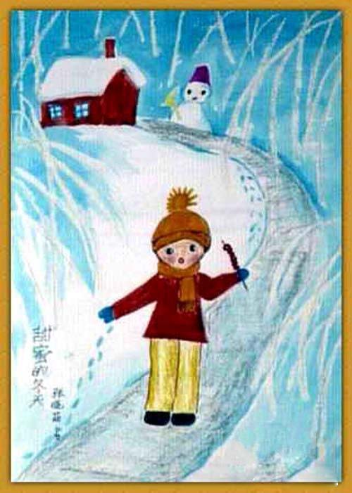 冬天美丽的小女孩儿童画画作品图片-www.qqscb.com