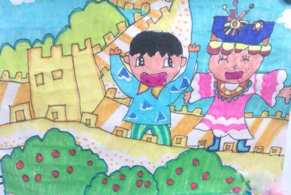 小学三年级登万里长城儿童画作品图片-www.qqscb.com