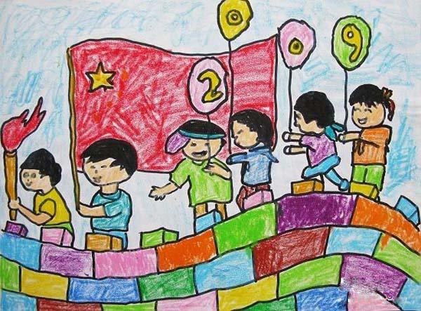 一年级小学生国庆节登长城儿童蜡笔画图片-www.qqscb.com