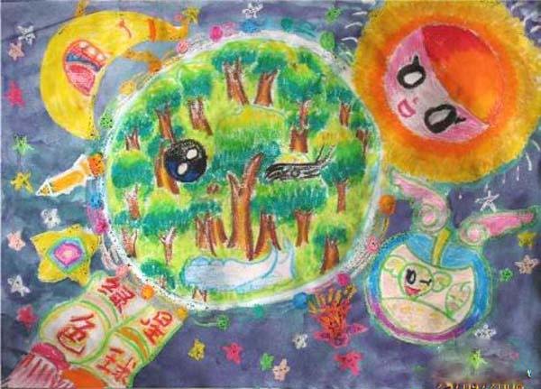 创意绿色家园儿童绘画作品:共建绿色地球-www.qqscb.com