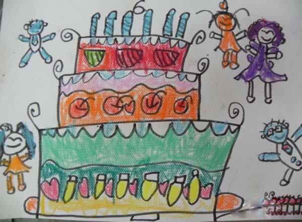 一年级卡通生日蛋糕儿童画作品图片欣赏-www.qqscb.com