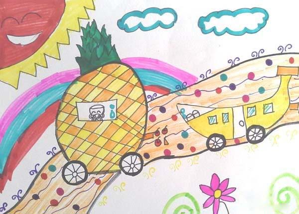 获奖漂亮菠萝水果车儿童画画图片欣赏-www.qqscb.com