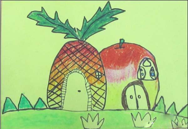 卡通可爱的水果房子儿童画作品欣赏-www.qqscb.com