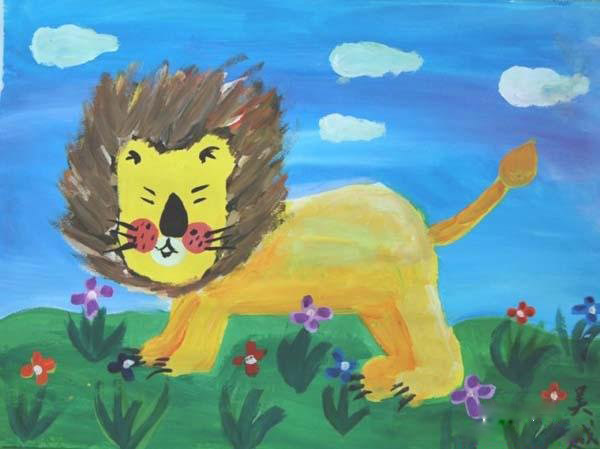 威猛的大狮子儿童水粉画图片大全-www.qqscb.com
