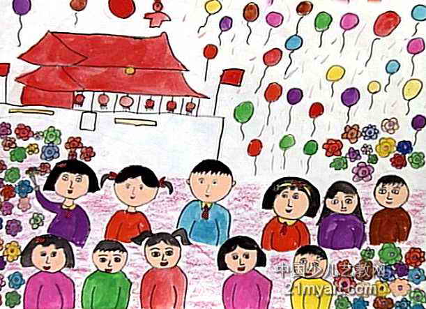 北京天安门城楼庆祝国庆儿童蜡笔画图片欣赏-www.qqscb.com
