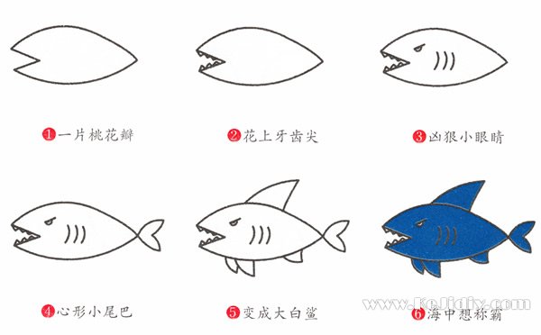 儿童简笔画凶猛的鲨鱼图片教程素描彩图-www.qqscb.com