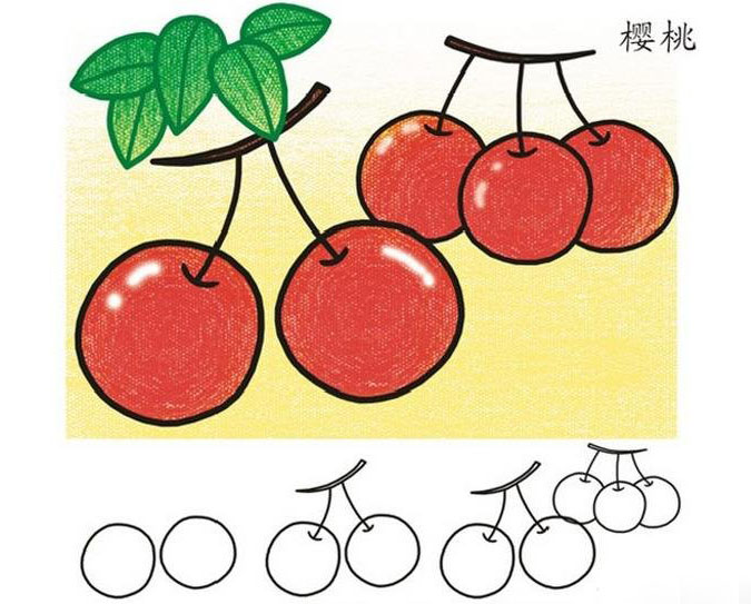 卡通樱桃的画法 樱桃简笔画图片教程素描彩图-www.qqscb.com