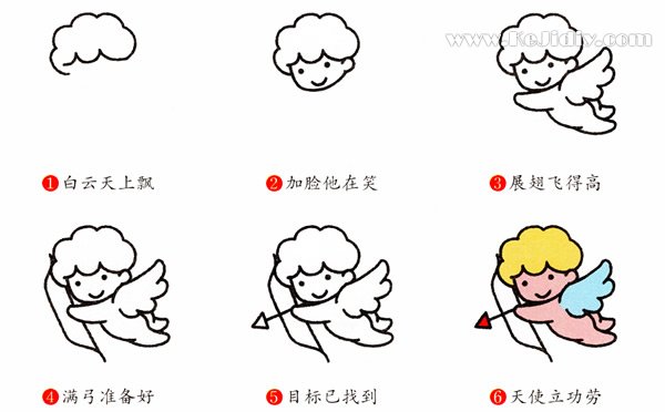 卡通小爱神丘比特简笔画的画法步骤教程彩图-www.qqscb.com