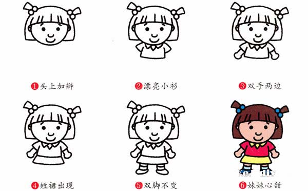 卡通可爱小女孩简笔画的画法图片教程素描彩图-www.qqscb.com