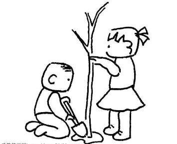 卡通小男孩和小女孩植树简笔画图片教程素描-www.qqscb.com