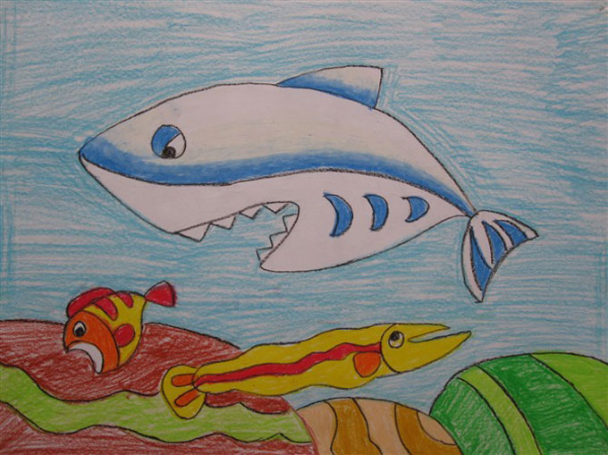 大白鲨的画法 大白鲨鱼儿童蜡笔画图片大全-www.qqscb.com