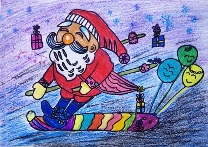 可爱的圣诞老人滑雪儿童蜡笔画素描彩铅-www.qqscb.com