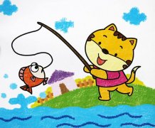在河边钓鱼的小猫咪儿童水彩画图片大全素描