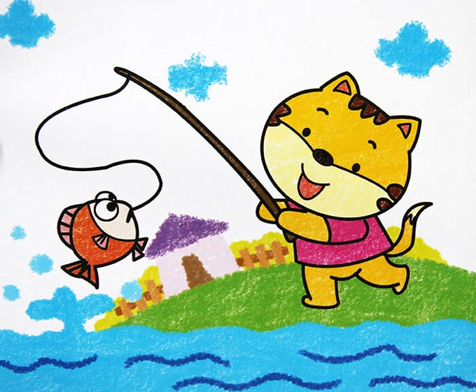 在河边钓鱼的小猫咪儿童水彩画图片大全素描-www.qqscb.com
