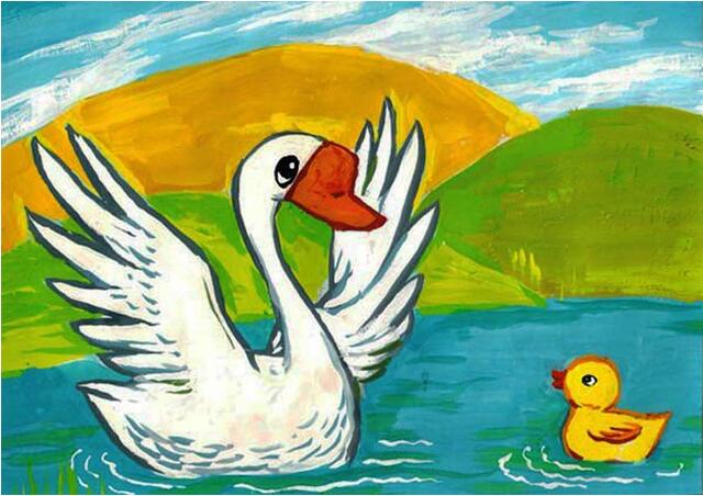 美丽的天鹅和小鸭子儿童水彩画图片大全-www.qqscb.com