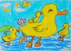 可爱的小鸭子学游泳儿童蜡笔画图片教程