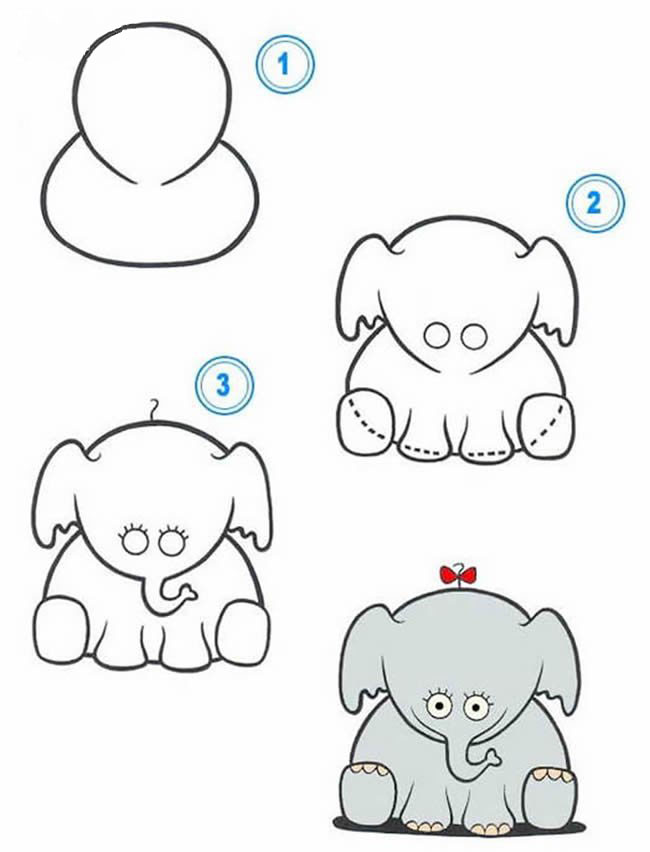 卡通可爱小象简笔画的画法图片步骤教程-www.qqscb.com