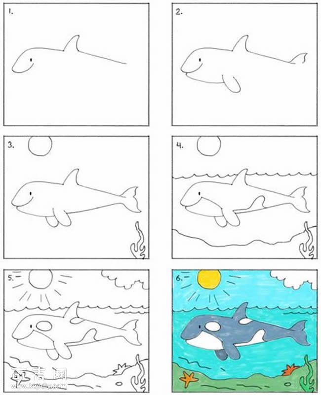 简笔画海底世界 鲸鱼的画法图片教程彩图-www.qqscb.com