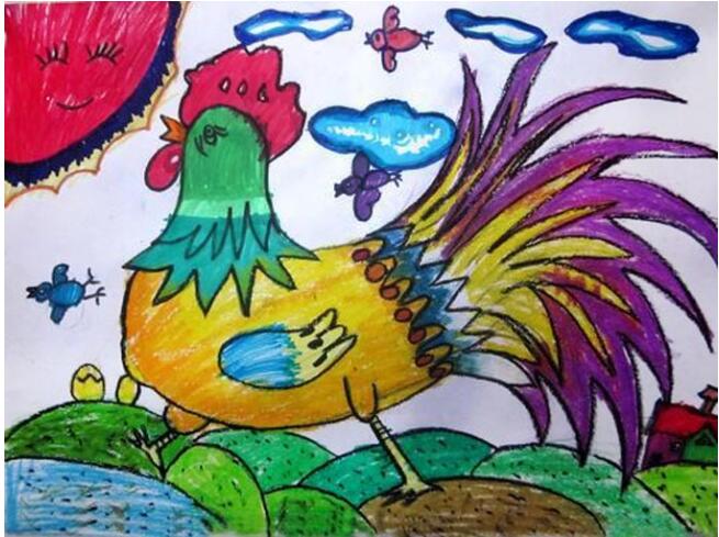 卡通公鸡怎么画 美丽的公鸡儿童画图片素描-www.qqscb.com