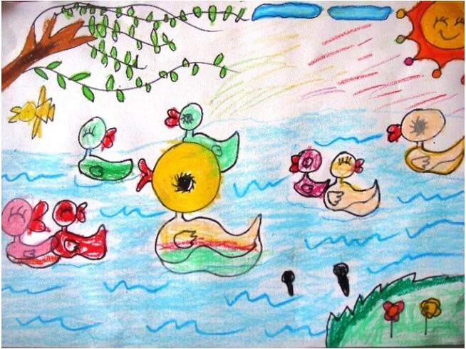 小鸭子游泳怎么画 涂色小鸭子儿童画图片-www.qqscb.com