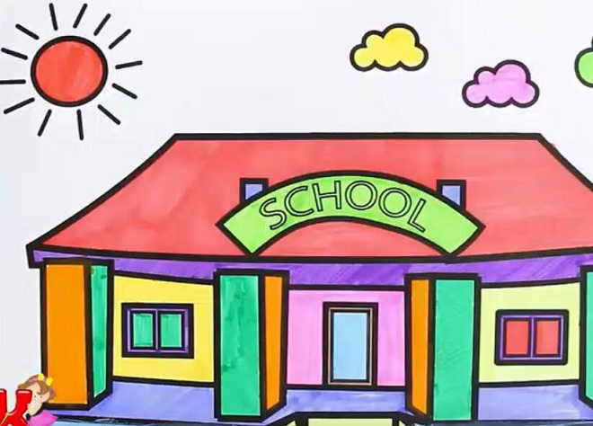 涂色学校的画法 学校的简笔画视频教程