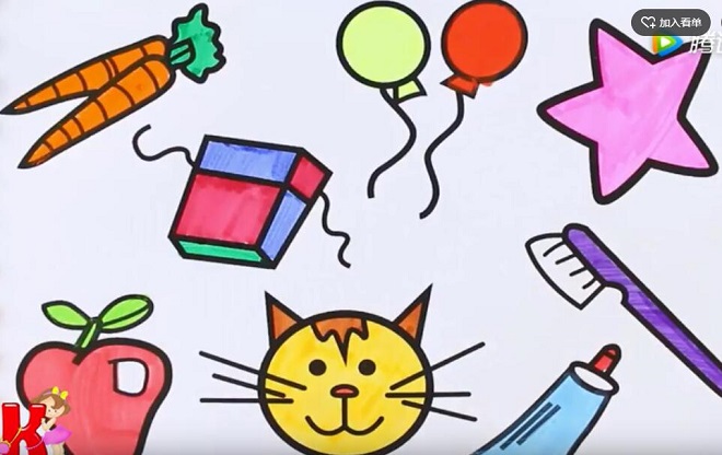 涂色彩怎么画星星苹果和猫咪简笔画视频-qqscb.com