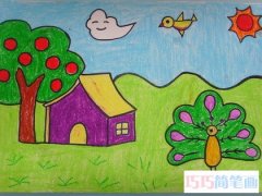 绿色家园儿童蜡笔画图片