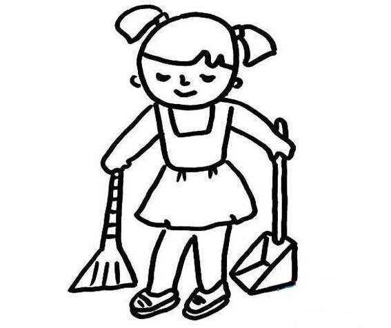 五一劳动节小女孩做家务扫地简笔画图片-www.qqscb.com