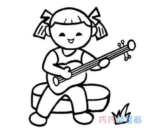 庆祝六一儿童节简笔画图片:弹吉他的小女孩