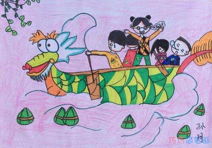赛龙舟的画法涂色 端午节赛龙舟儿童画作品欣赏