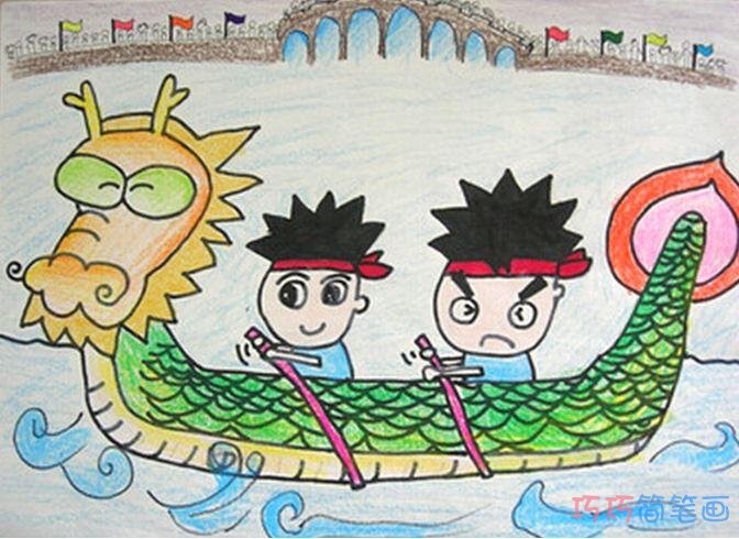 赛龙舟的画法涂色 端午节赛龙舟儿童画作品欣赏