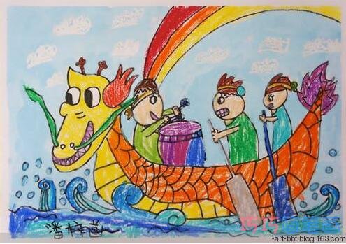 端午节龙舟水彩画图片 赛龙舟儿童画优秀作品