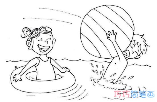 海滩游泳怎么画 海边度假玩耍的简笔画图片