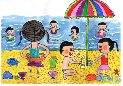 涂色海滩游玩儿童画 关于海边的简笔画图片