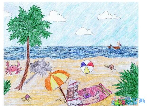 涂色海滩游玩儿童画 关于海边的简笔画图片